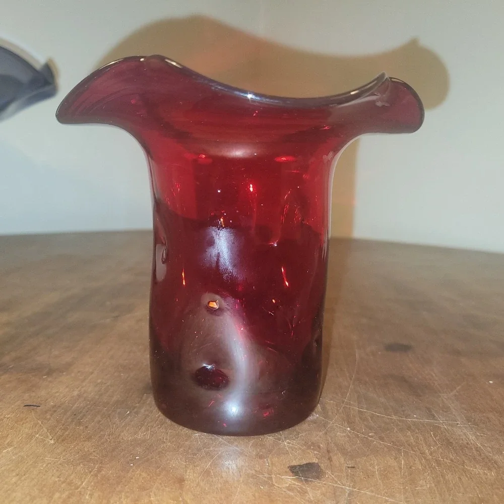 Vintage Bischoff Red Vase,‎ Hand Blown Dimpled Vase with Folded Rim